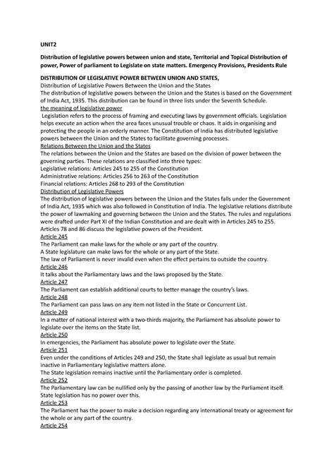UNIT2 - ANSWER - UNIT Distribution of legislative powers between union and state, Territorial ...