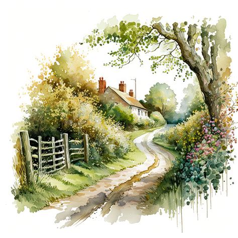 Countryside Country Lane Clipart Bundle, Watercolor - JPG Image Pack ...