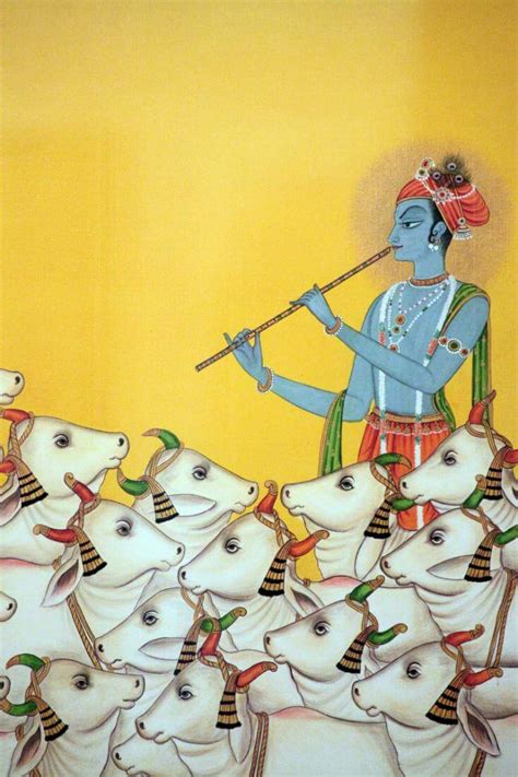 Krishna Fluting Amid Cows - Contemporary Pichwai Painting - Life Size ...