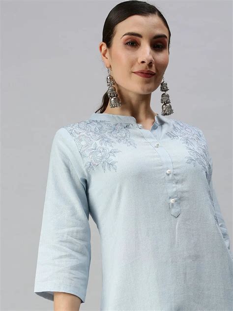 Shop Women's Mandarin Collar Solid Blue Straight Kurta | Showoffff