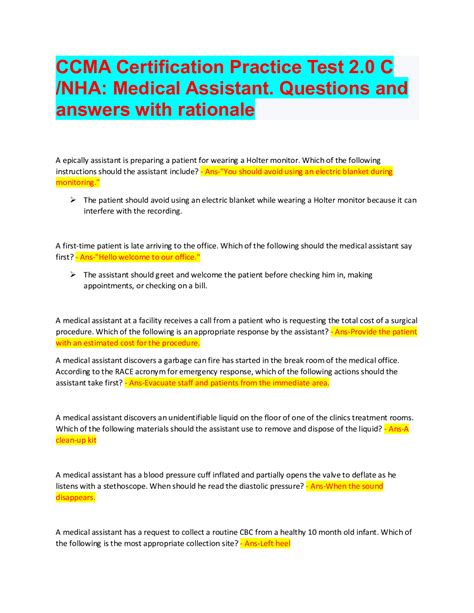 CCMA Certification Practice Test 2.0 C /NHA: Medical Assistant ...