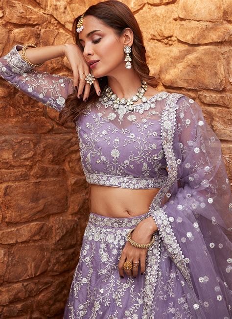 Lavender Embroidered Net Lehenga – Lashkaraa India