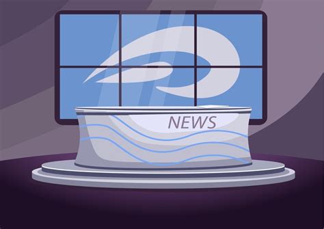 ニューススタジオフラットカラーイラスト。空のニュースキャストステージ2D漫画のインテリアと背景の画面。プロのニュースキャスター ...