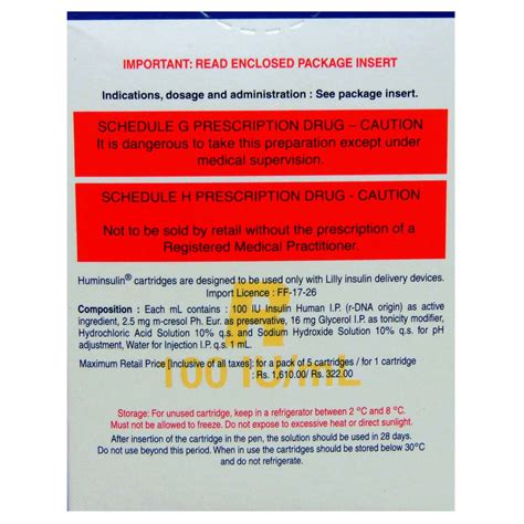 Huminsulin R 100IU/ml Cartridge 5 x 3 ml | Uses, Side Effects, Price ...