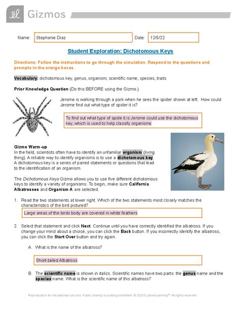 Dichotomous Keys - Gizmos answers yasss - Name: Stephanie Diaz Date: 12 ...