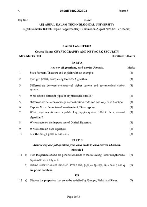 Eighth semester B.Tech ITT402 cryptography and network security exam ...