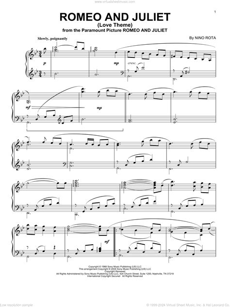 Rota - Romeo And Juliet (Love Theme) sheet music for piano solo
