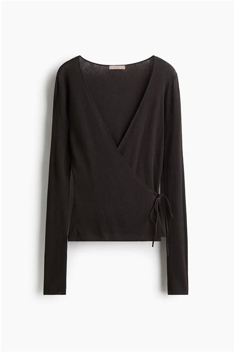 Rib-knit wrap cardigan - Dark brown - Ladies | H&M IN