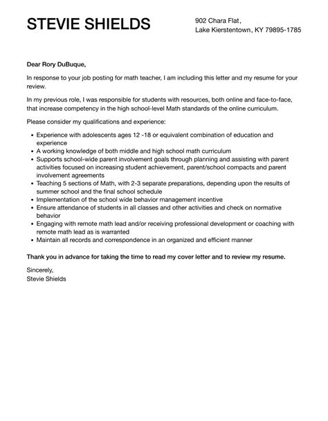 Math Teacher Cover Letter Math Teacher Cover Letter | Velvet Jobs