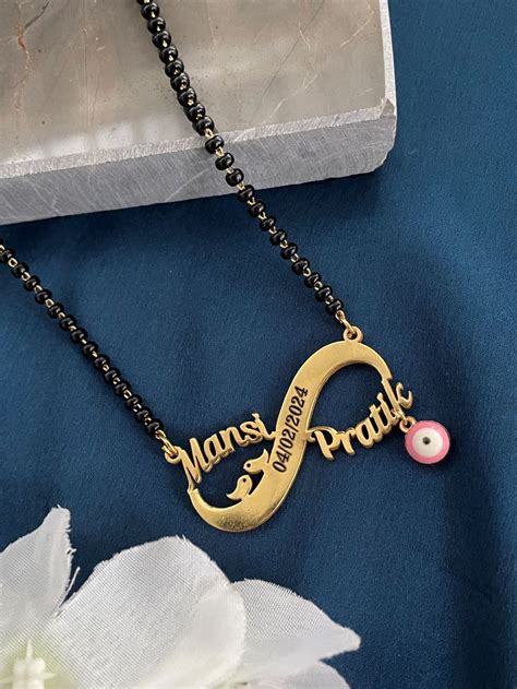 Custom 2 Name Infinity Short Mangalsutra with Date and Evil Eye ...