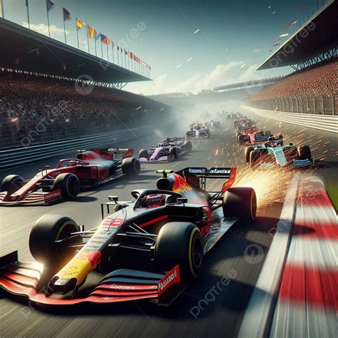 High Speed Formula 1 Race With Sparks And Crowds At Sunset Track ...