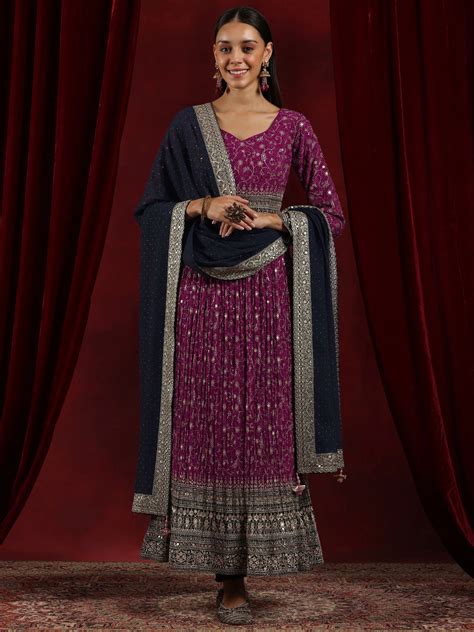 Buy Libas Art Magenta Printed Georgette A-Line Kurta With Trousers ...