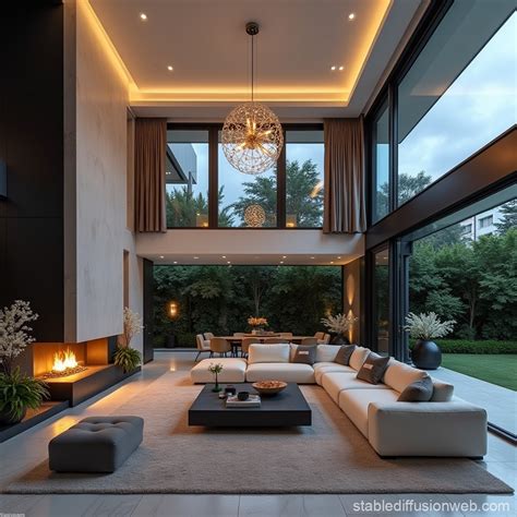 Modern Living Room with Double Height and Fireplace | Stable Diffusion ...