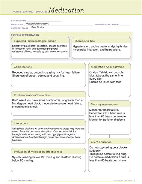 ATI Metoprolol (Lopressor) Beta Blocker Med Sheet - ACTIVE LEARNING TEMPLATES THERAPEUTIC ...