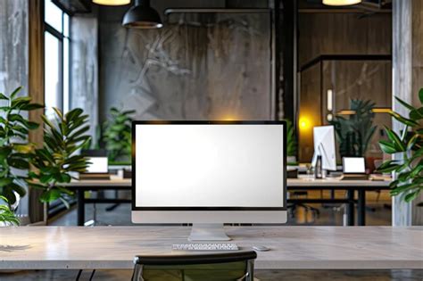 Urban minimal office building coworking space with pc desktop computer ...