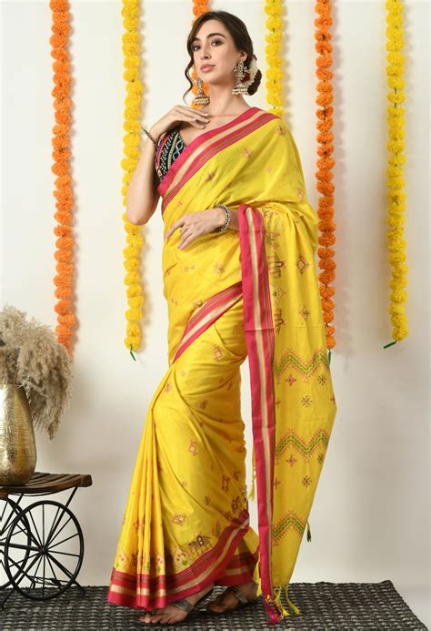 Yellow Kasuti Embroidered Khunn Saree– Swapna Creation