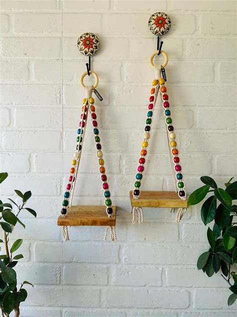 ‘Colorful Macrame Beaded’ Mini Wall Shelves with ceramic hooks and cer ...