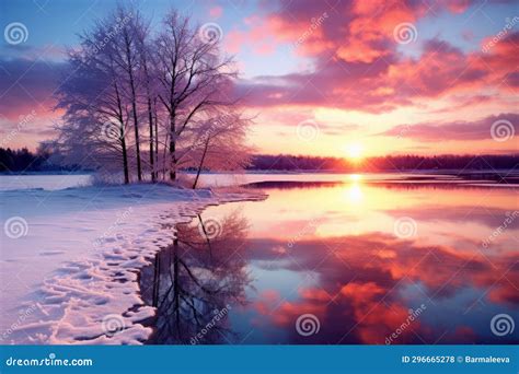 Fantastic Winter Landscape during Sunset. Colorful Sky Glowing by ...