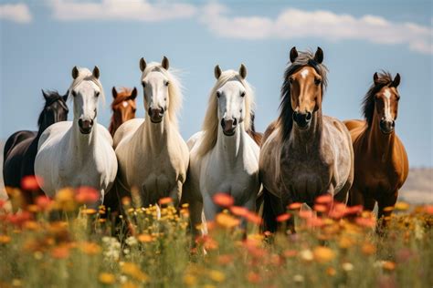 Herd of horses standing in a field of flowers. Selective focus, Herd of ...