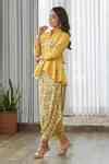 Buy Yellow Cotton, Rayon Embroidery Collared Kesar Peplum Dhoti ...