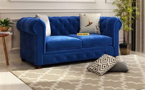 WOOD MOUNT Solid Wood 2 Seater Sofa & Couch with 250 GSM Velvet Fabric ...