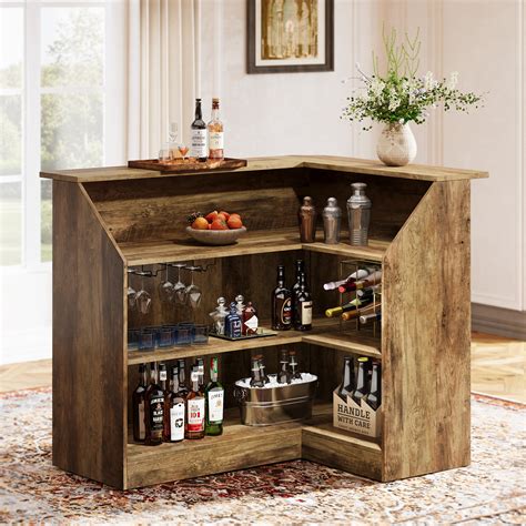 Ebern Designs L-Shaped Bar Cabinet, 4-Tier Home Bar Table with Stemware ...