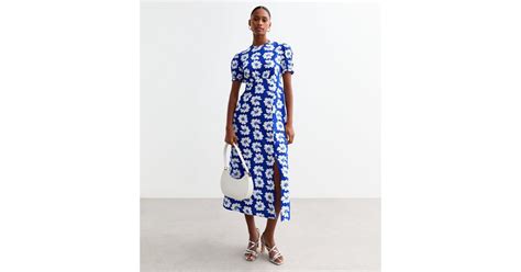 Blue Floral Print Short Sleeved Midi Dress | New Look