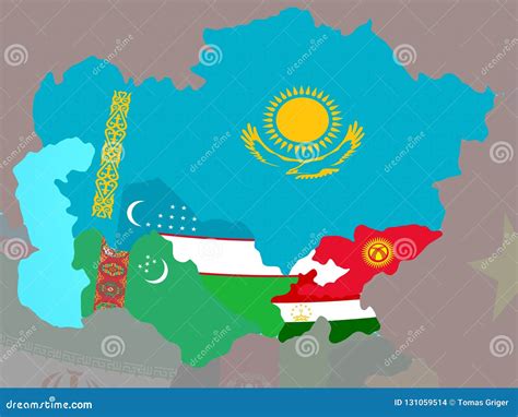 Central Asia with Flags on Map Stock Illustration - Illustration of ...