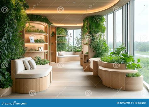 Modern Office with Sustainable Design and Indoor Plants. Wooden Furniture and Natural Lighting ...