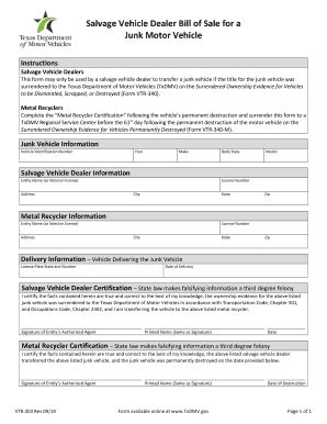 Salvage Vehicle Dealer Bill Of Sale For A - Fill and Sign Printable ...