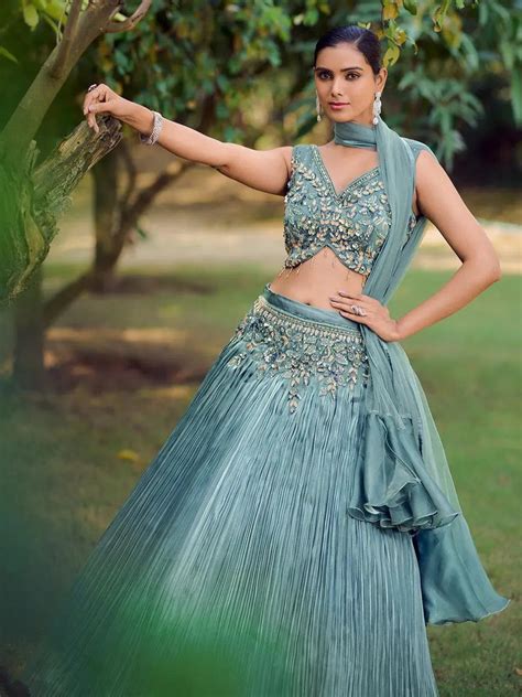 Designer Wear Sea Green Embroidered Crop Top Lehenga Choli - VJV Now ...