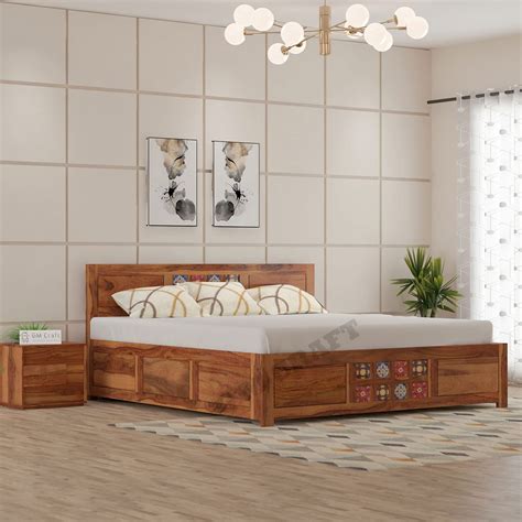 GM CRAFT Solid Sheesham Wood King Bed with Storage in Tile Design Bed ...