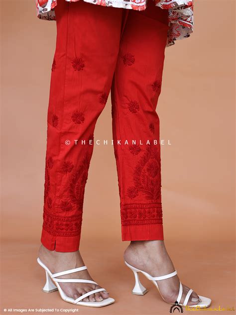 Mayuri Lycra Straight Chikankari Pant - Red | The Chikan Label