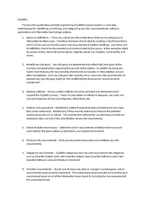SQUARE Methodology: Unit 2 Notes on Security Requirements Elicitation ...