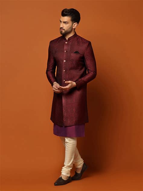 Kisah Men's Maroon Indowestern Set With Kurta and Churidar - Kisah