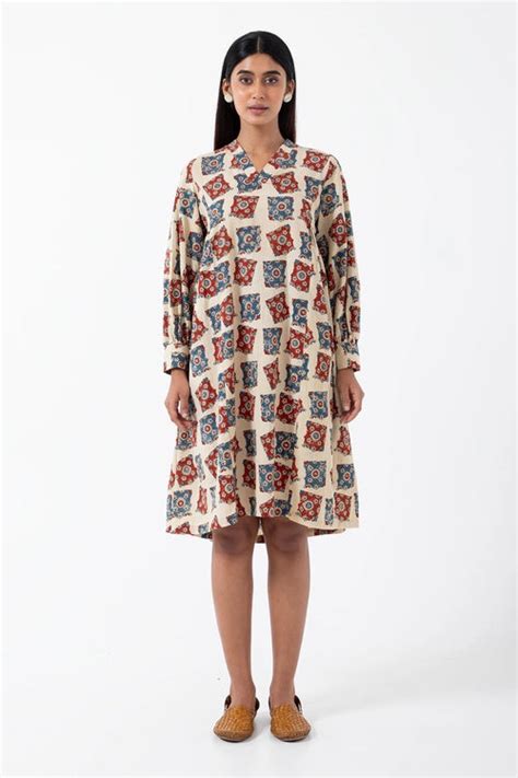 Inkriti "Timeless" Block Printed Organic Cotton Dress - Half White ...