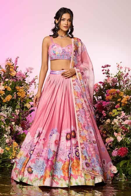 Buy Pink Chiffon Beads, Crystals Round Neck Floral Printed Lehenga Set ...