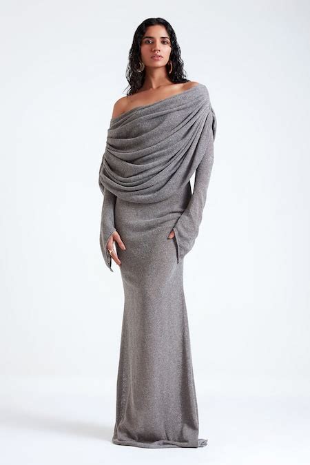 Buy Grey Off-shoulder Bonnie Plain Draped Bodice Gown For Women by Deme ...