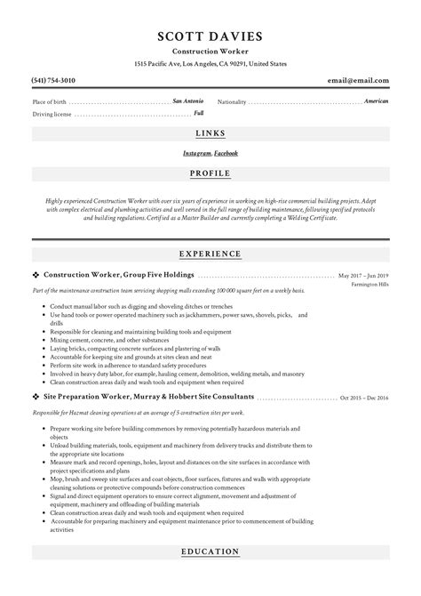 21 Construction Worker Resume Examples | PDF | 2025