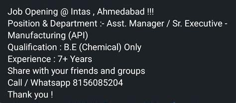 Intas Pharmaceutical Ltd Gujarat jobs for Production Department apply now