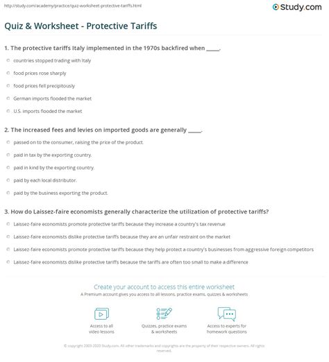 Quiz & Worksheet - Protective Tariffs | Study.com