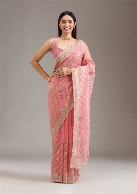 Buy Pink Zariwork Art Silk Saree - Koskii