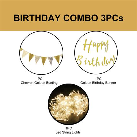 Golden Happy Birthday Banner, Chevron Flag Bunting Banner and Led Stri ...