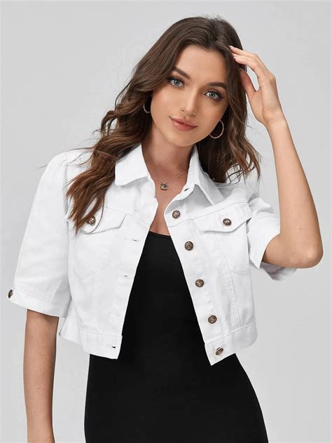 Custom Women Flap Detail Puff Sleeve Denim Jacket