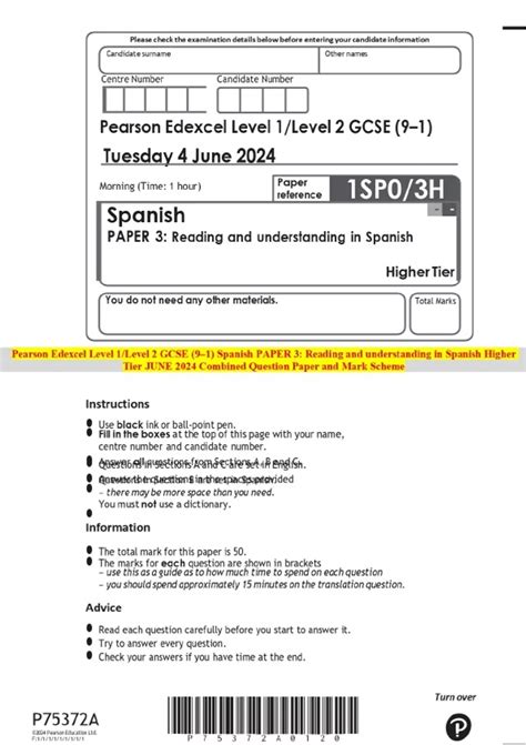 Pearson Edexcel Level 1/Level 2 GCSE (9–1) Spanish PAPER 3: Reading and ...