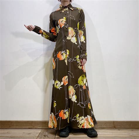70s brown flower printed long sleeves shirt dress【1166】 | LEMON