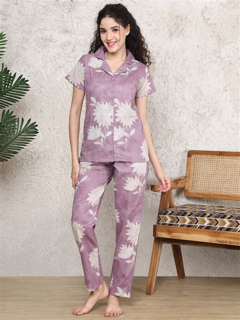 Pink Colour Floral Printed Pure Cotton Night Suit