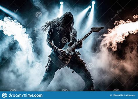 Heavy Metal Guitarist, Playing Powerful Solo in the Smoke-filled Club ...
