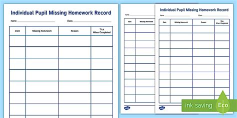 Individual Pupil Missing Homework Record (teacher made)