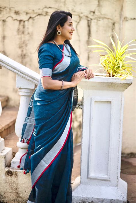 Gayatri - Buy Teal Blue Organic Linen Sari Online | Linen World